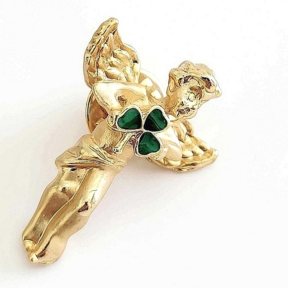 AVON Vintage Irish Shamrock & Angel Brooch Earrings Set - Picture 6 of 9